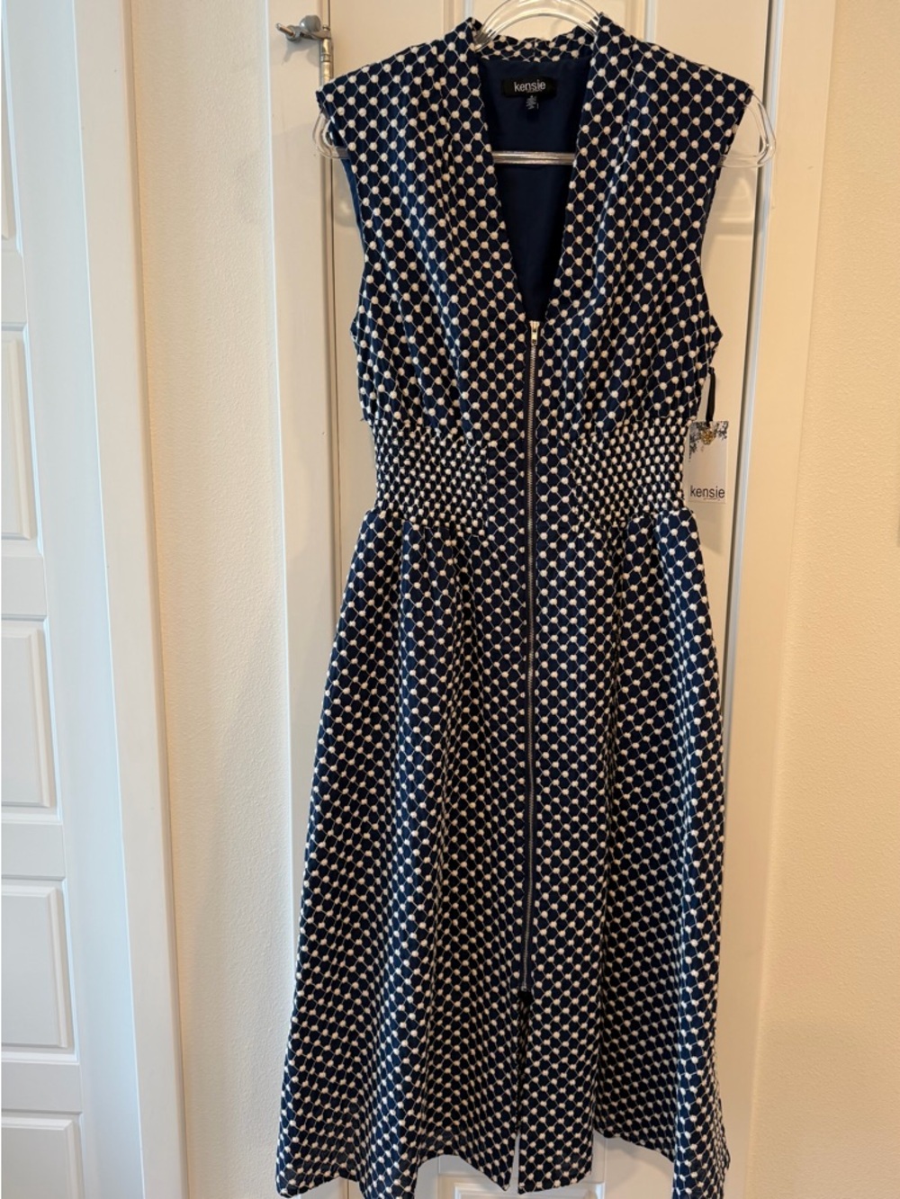 Kensie- Embroidered Cotton Dotted V-Neck Sleeveless Zip Front A-Line Midi Dress